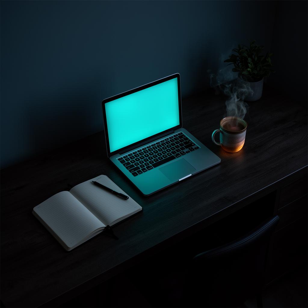A quiet solo entrepreneur workspace at dusk with a glowing laptop, open notebook, and steaming mug.