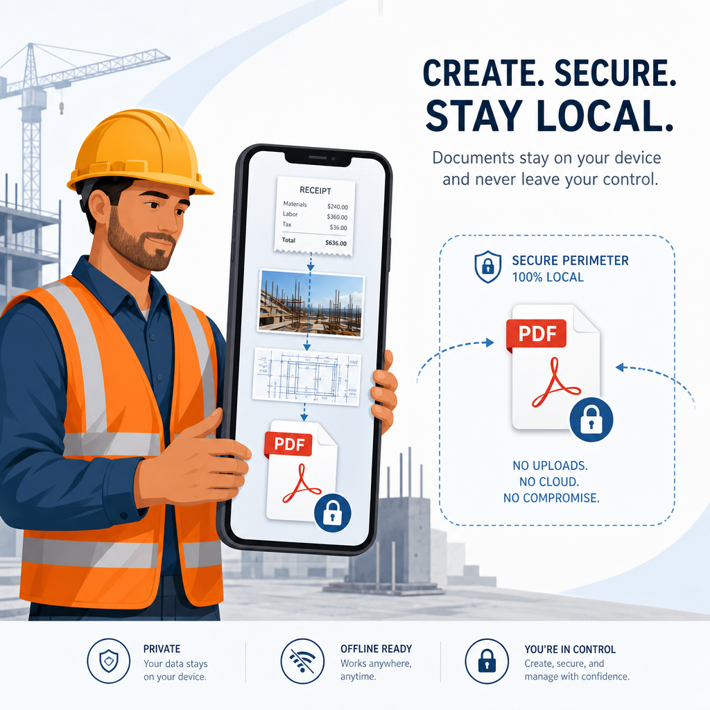 Mobile contractor using an offline image to PDF converter on a phone to compile job-site receipts